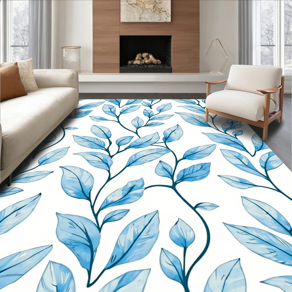 Cool Blue Leafy Botanical Pattern Rug