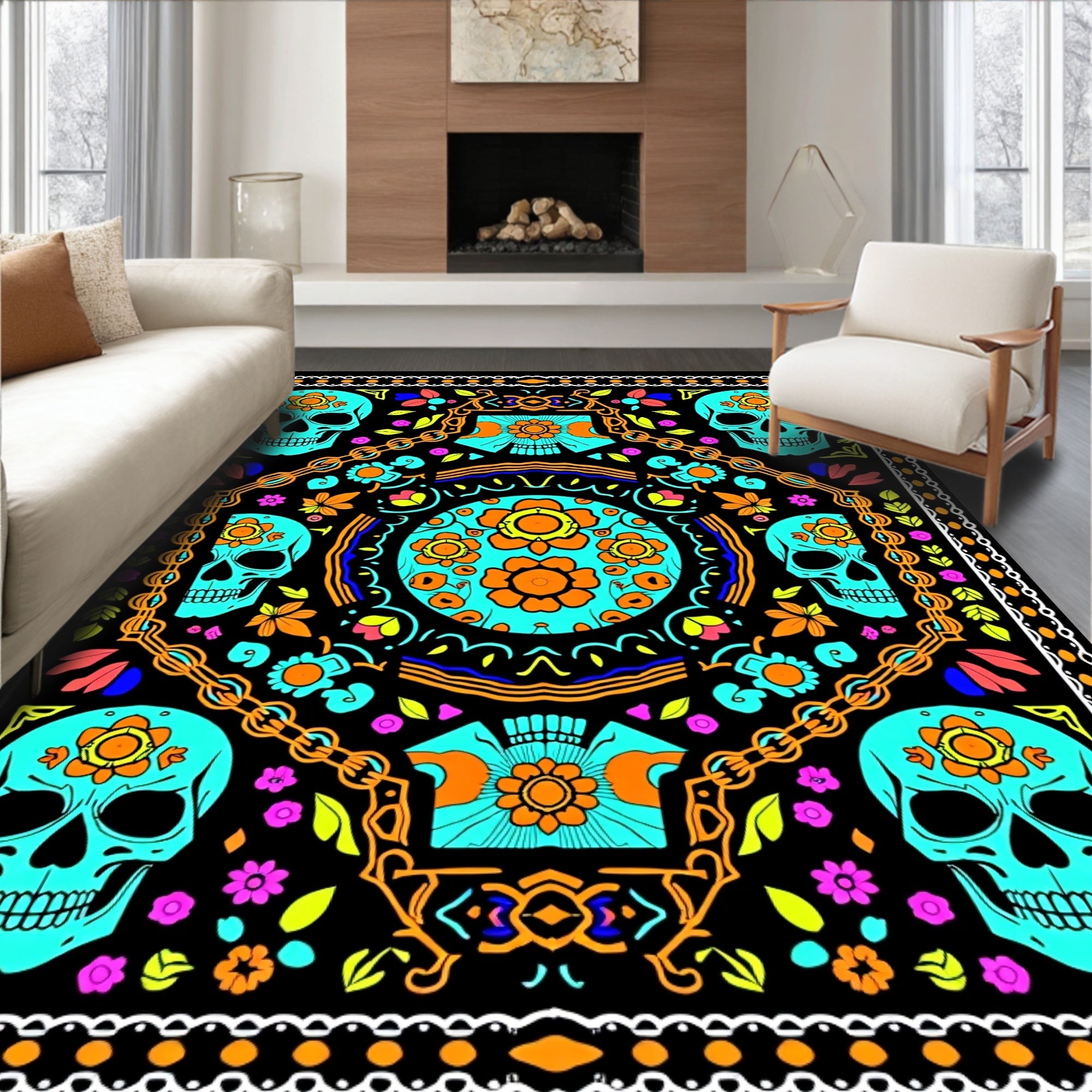 Skull Floral Pattern Rug