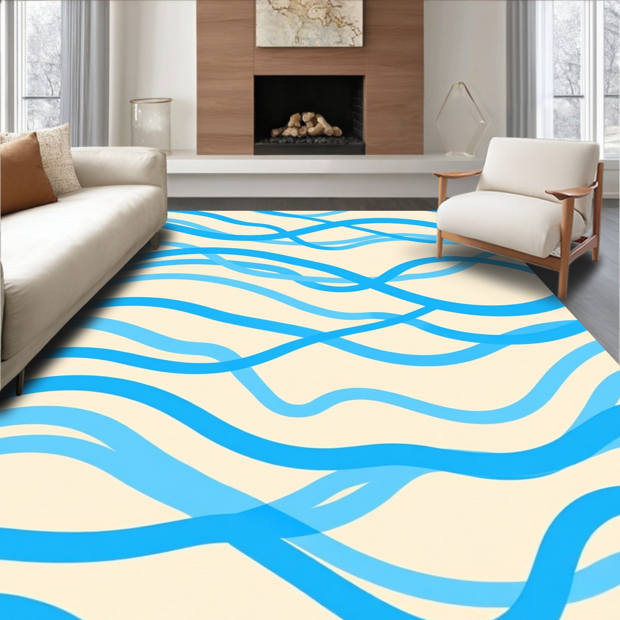 Flowing Blue Wave Pattern Rug