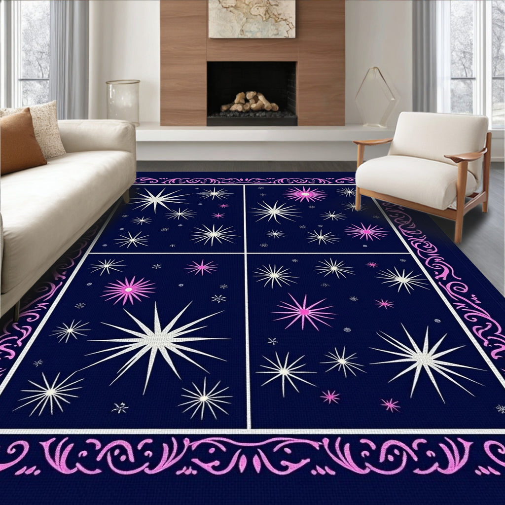Midnight Blue Pink Starburst Panels Rug