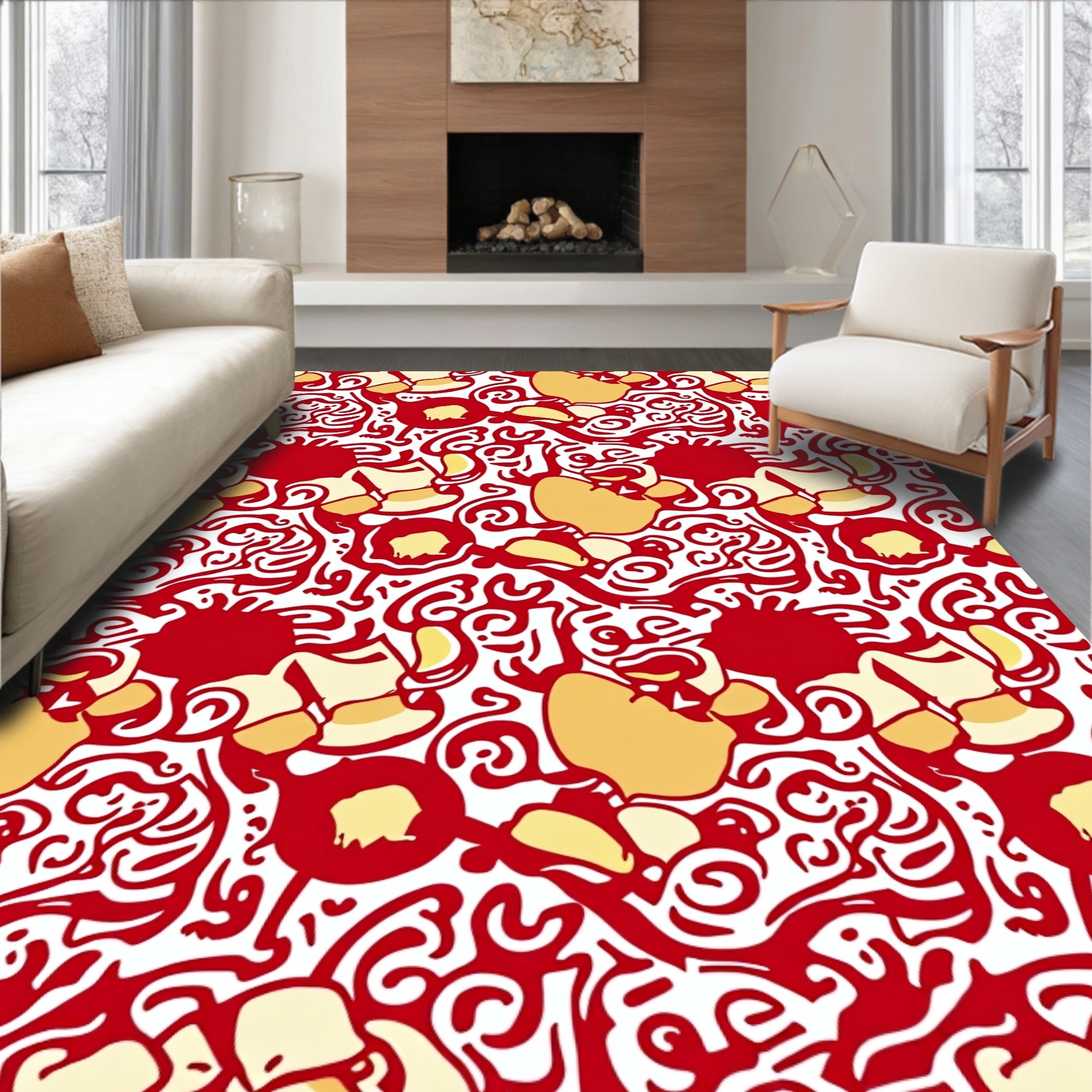 Red Yellow Swirl Paisley Pattern Rug