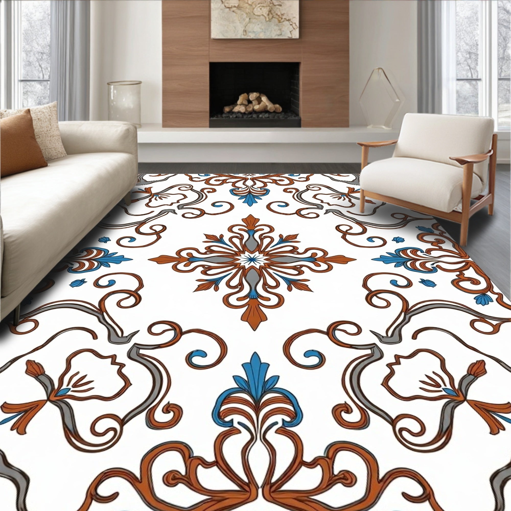 Orange Blue Scroll Nouveau Pattern Rug