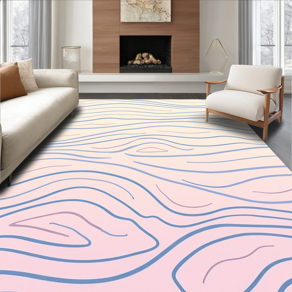 Abstract Wavy Blue Pink Pattern Rug