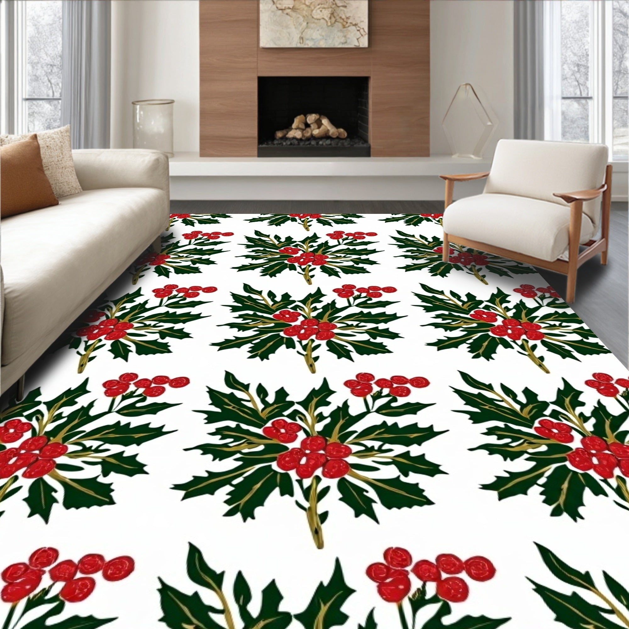 Classic Holly Berry Festive Pattern Rug
