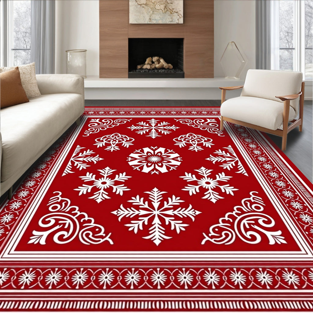 Red Floral Snowflakes Pattern Rug
