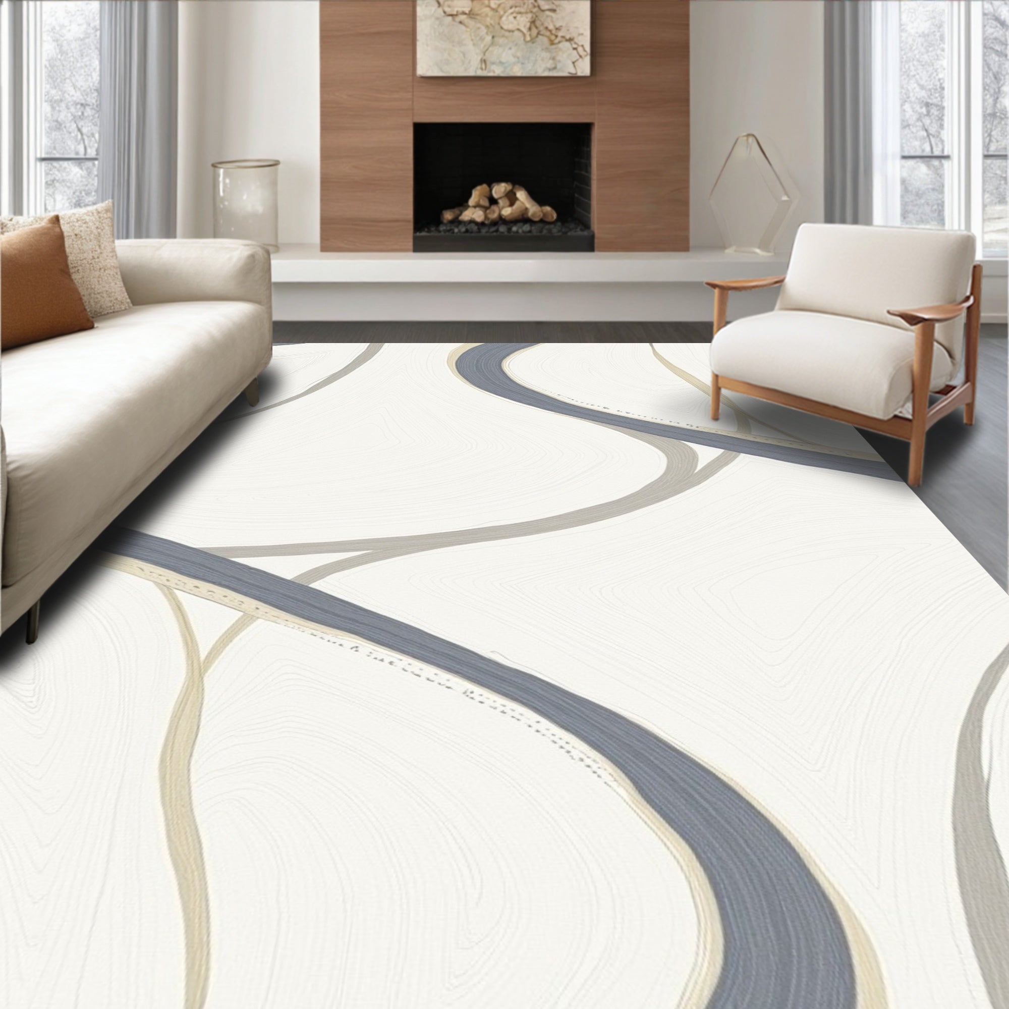 Curved Blue Taupe Abstract Lines Rug