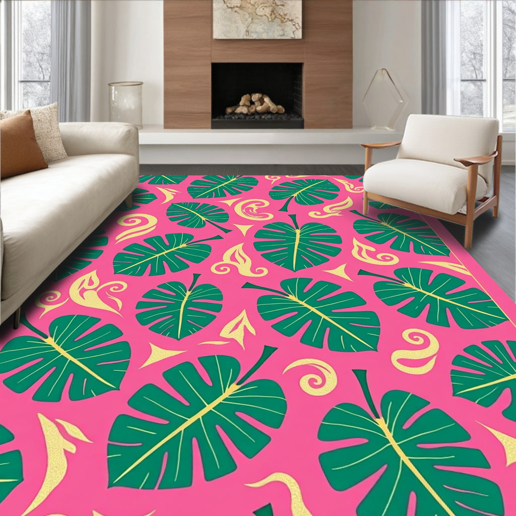 Lush Green Monstera Garden Pink Rug