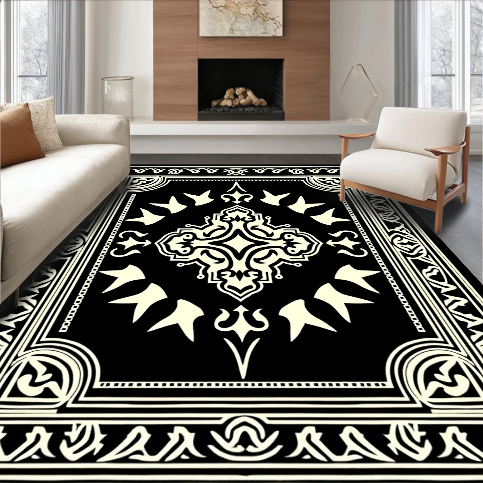 Black Cream Ornate Traditional Medallion Rug