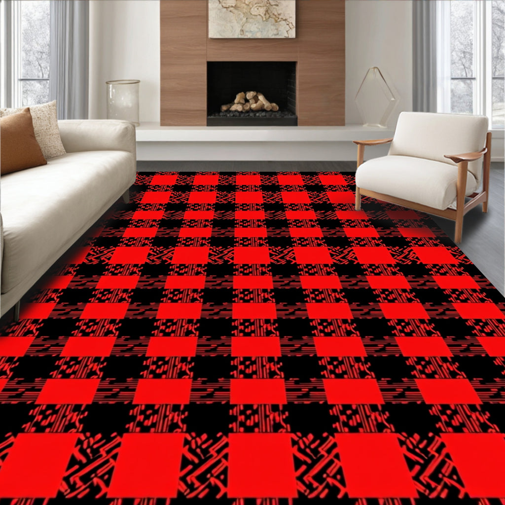 Bold Red Black Checkered Pattern Rug