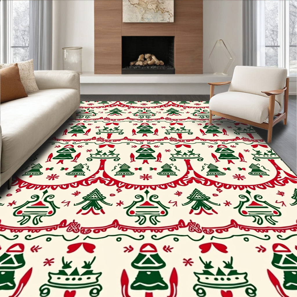 Festive Trees Red Green Scandinavian Rug
