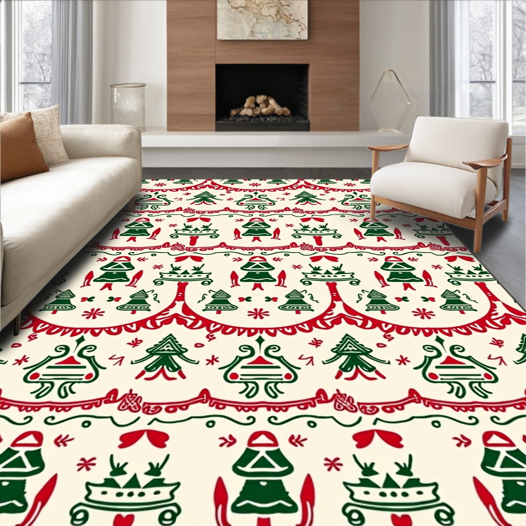 Festive Trees Red Green Scandinavian Rug
