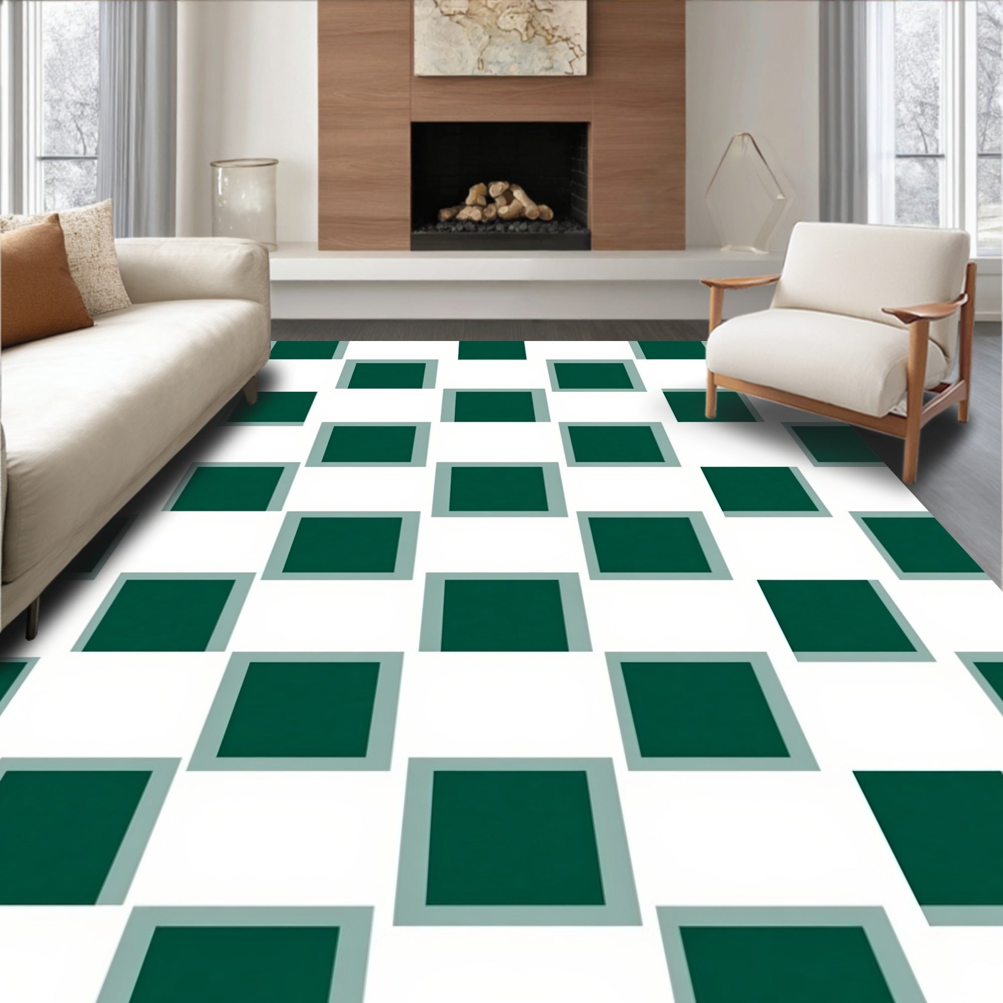 Deep Green White Checkerboard Pattern Rug