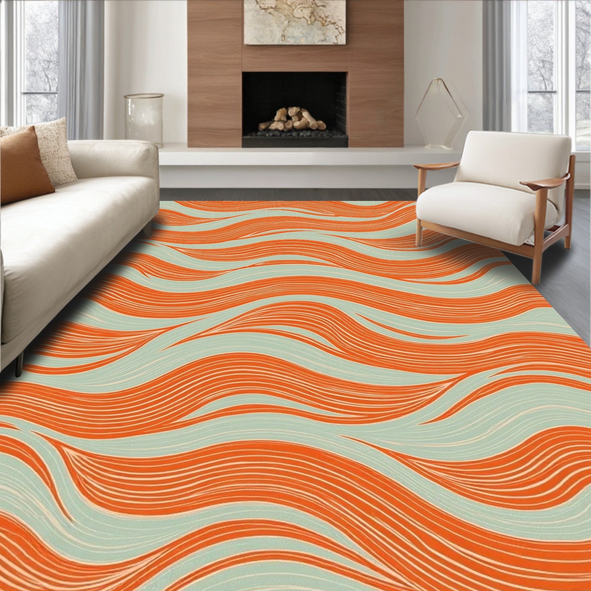Orange Teal Wavy Abstract Design Rug
