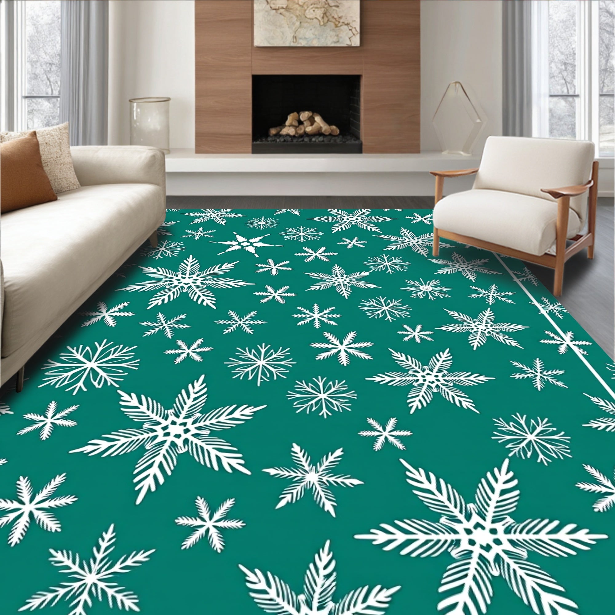 White Snowflake Pattern Teal Design Rug