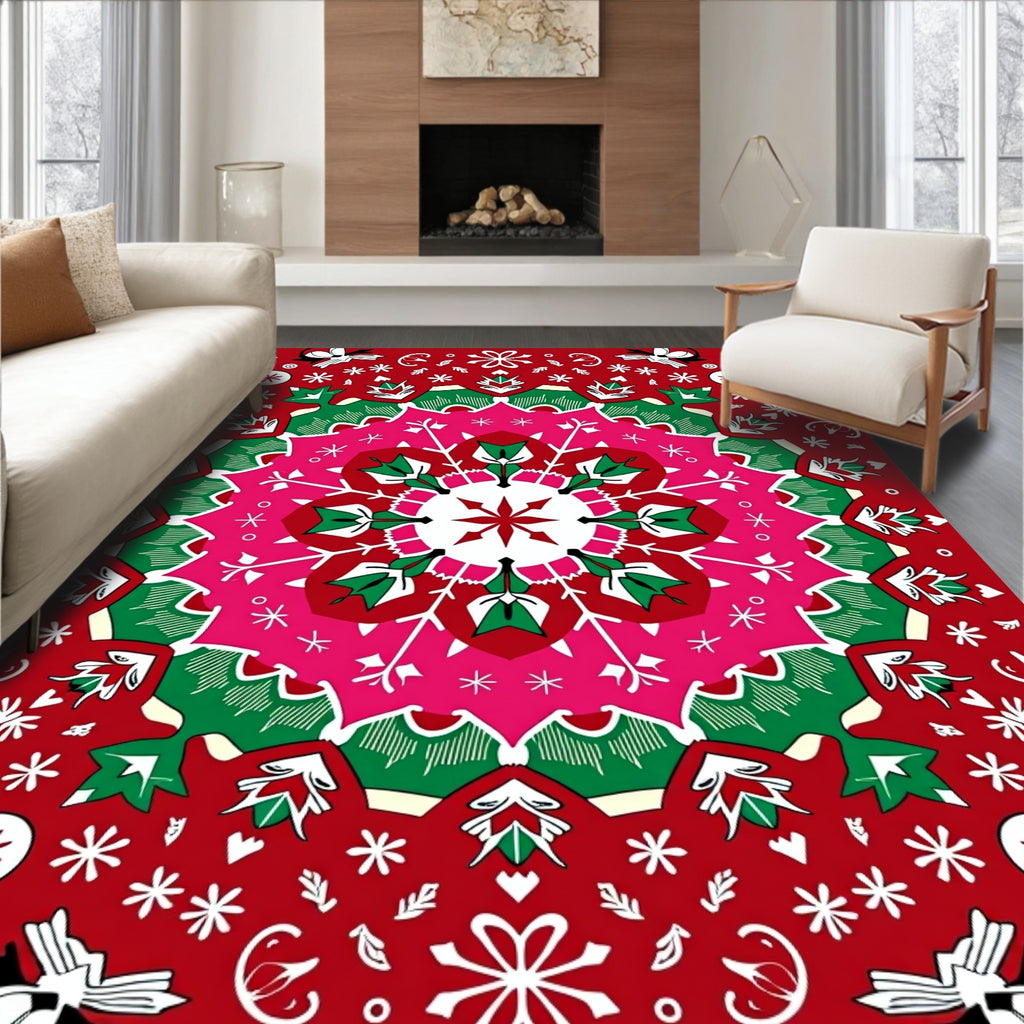 Bright Red Folk Mandala Design Rug