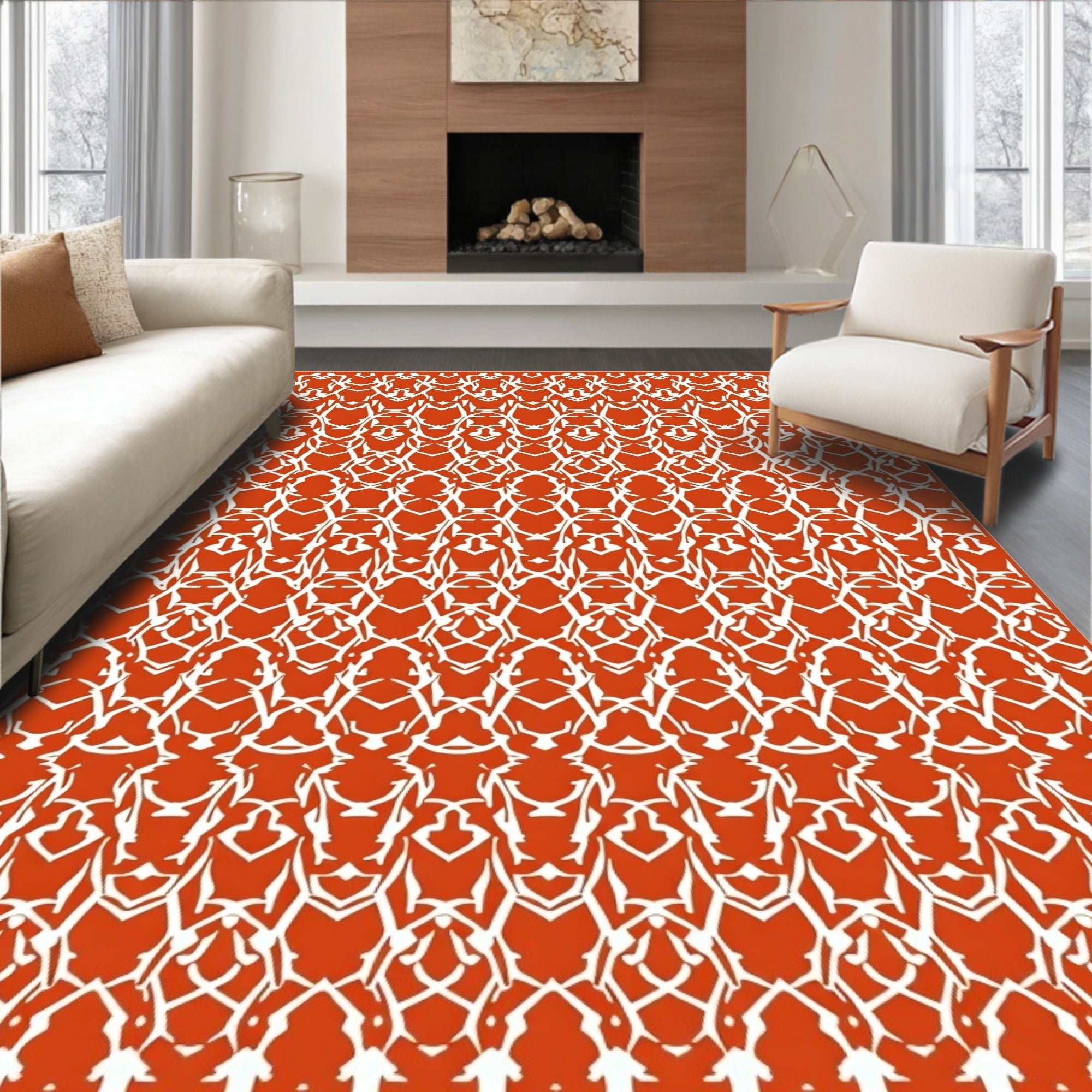 Traditional Orange White Intricate Pattern Rug