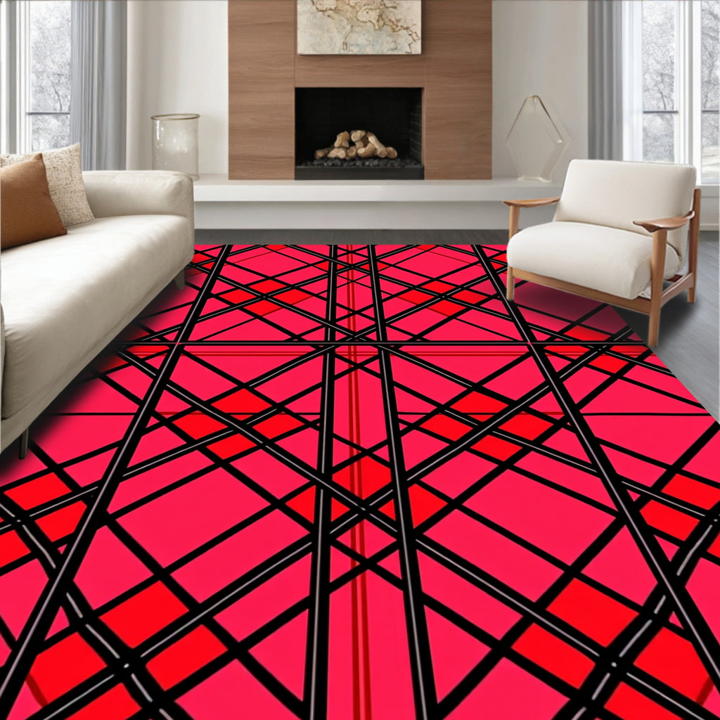 Bold Red Black Geometric Lattice Rug