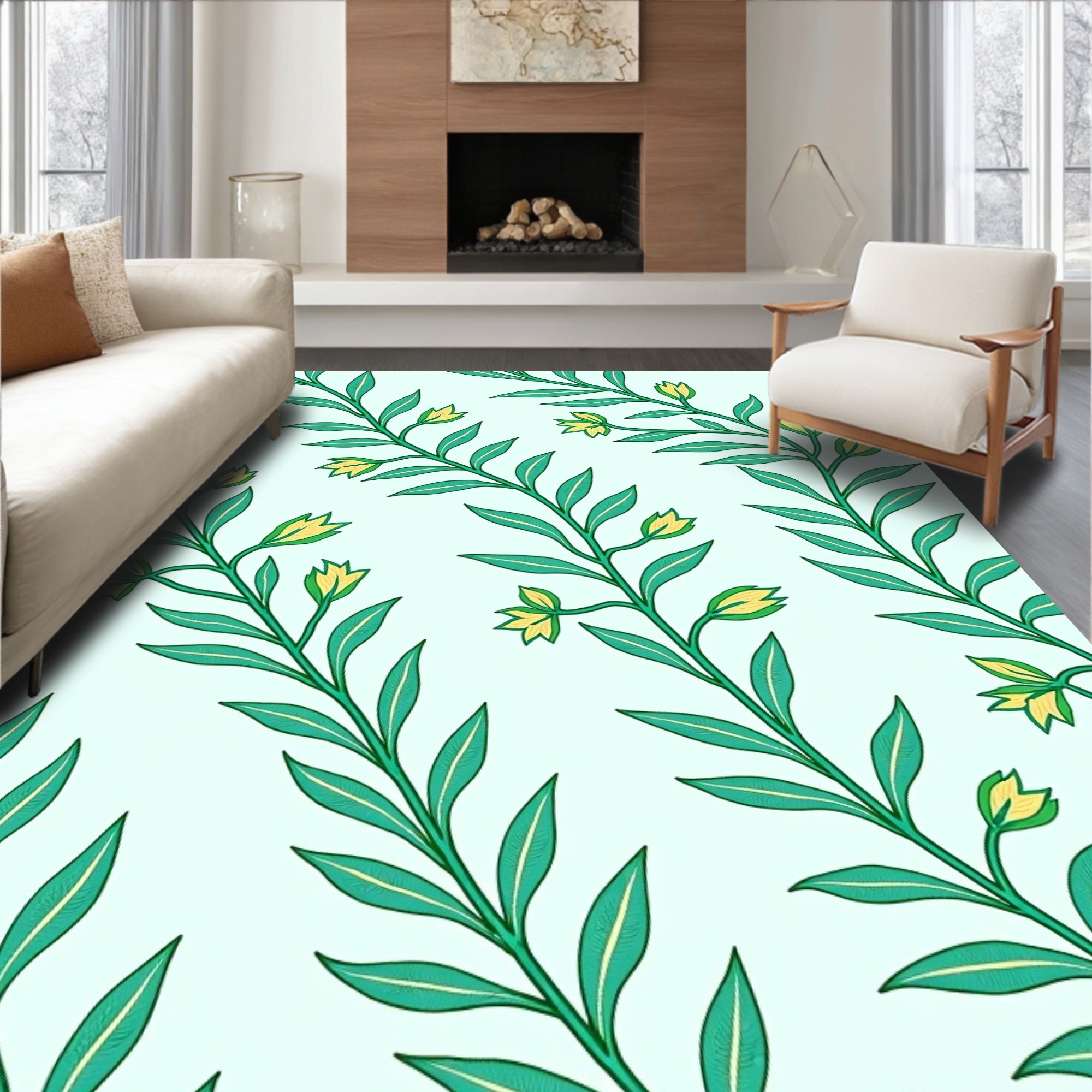 Green Vine With Yellow Blossom Pattern Rug