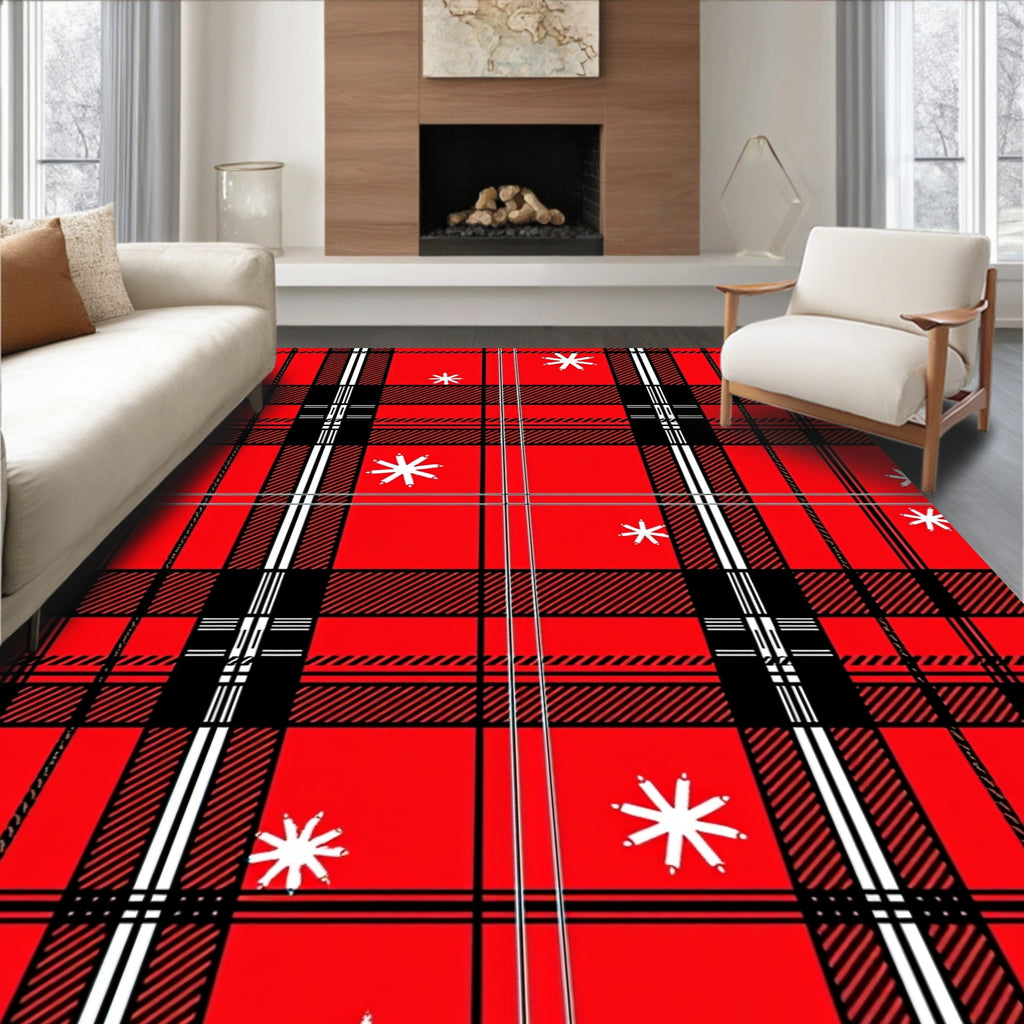 Red Black White Plaid Snowflake Pattern Rug