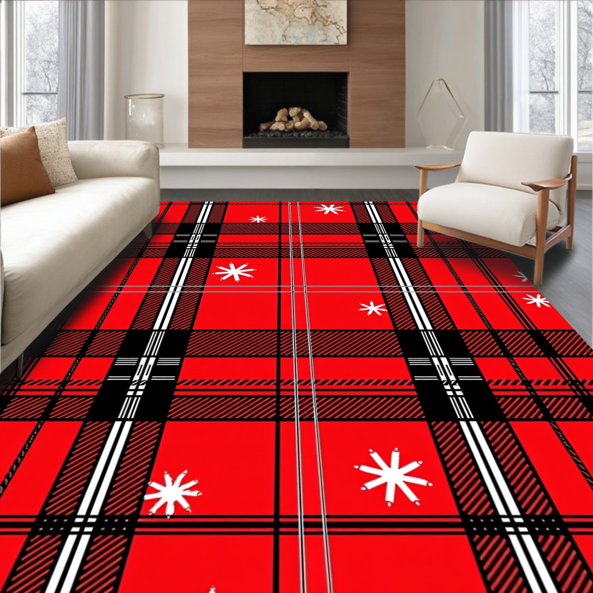 Red Black White Plaid Snowflake Pattern Rug
