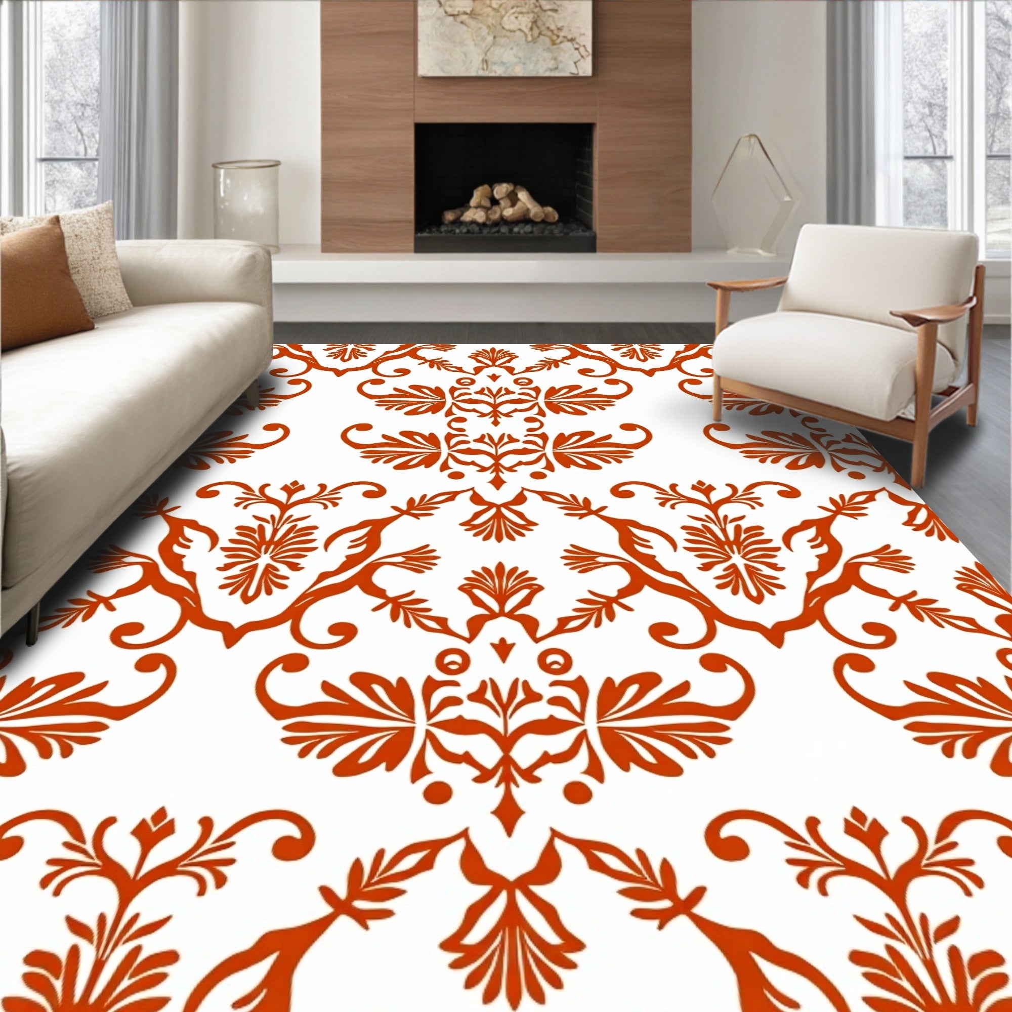 Ornate Red Floral Damask Pattern Rug