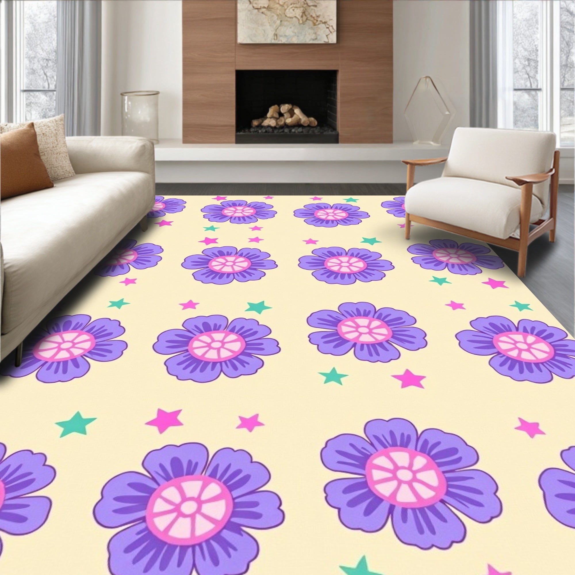 Purple Flower Star Pattern Decor Rug