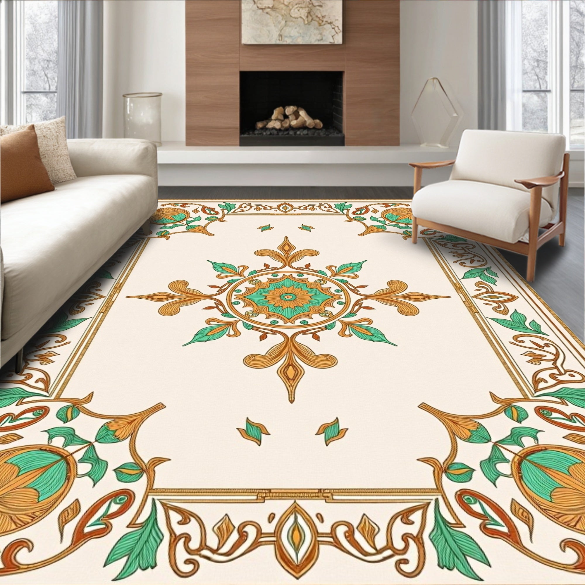 Golden Teal Floral Medallion Border Rug