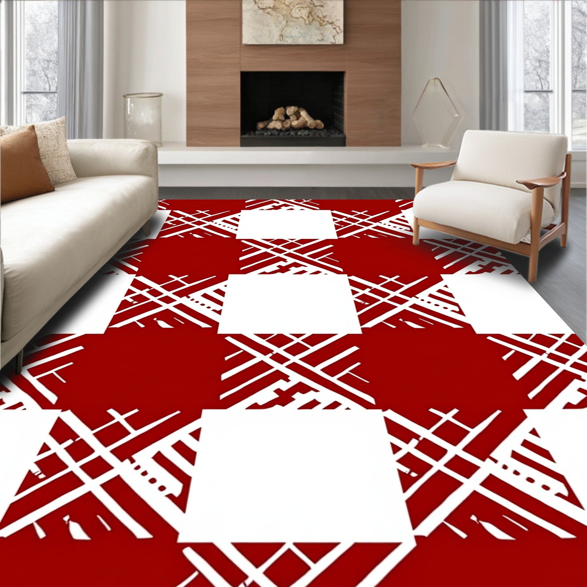 Bold Red White Checkered Design Rug