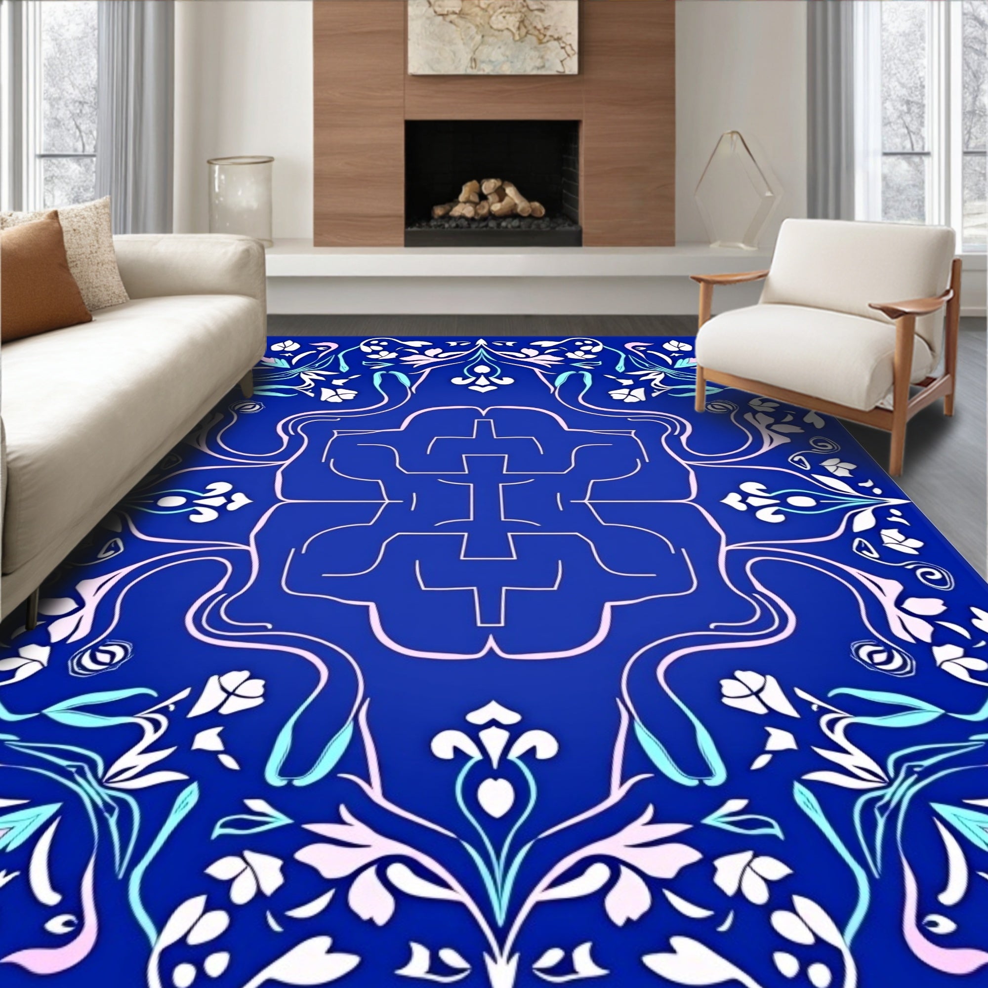 Elegant Blue Floral Symmetry Rug