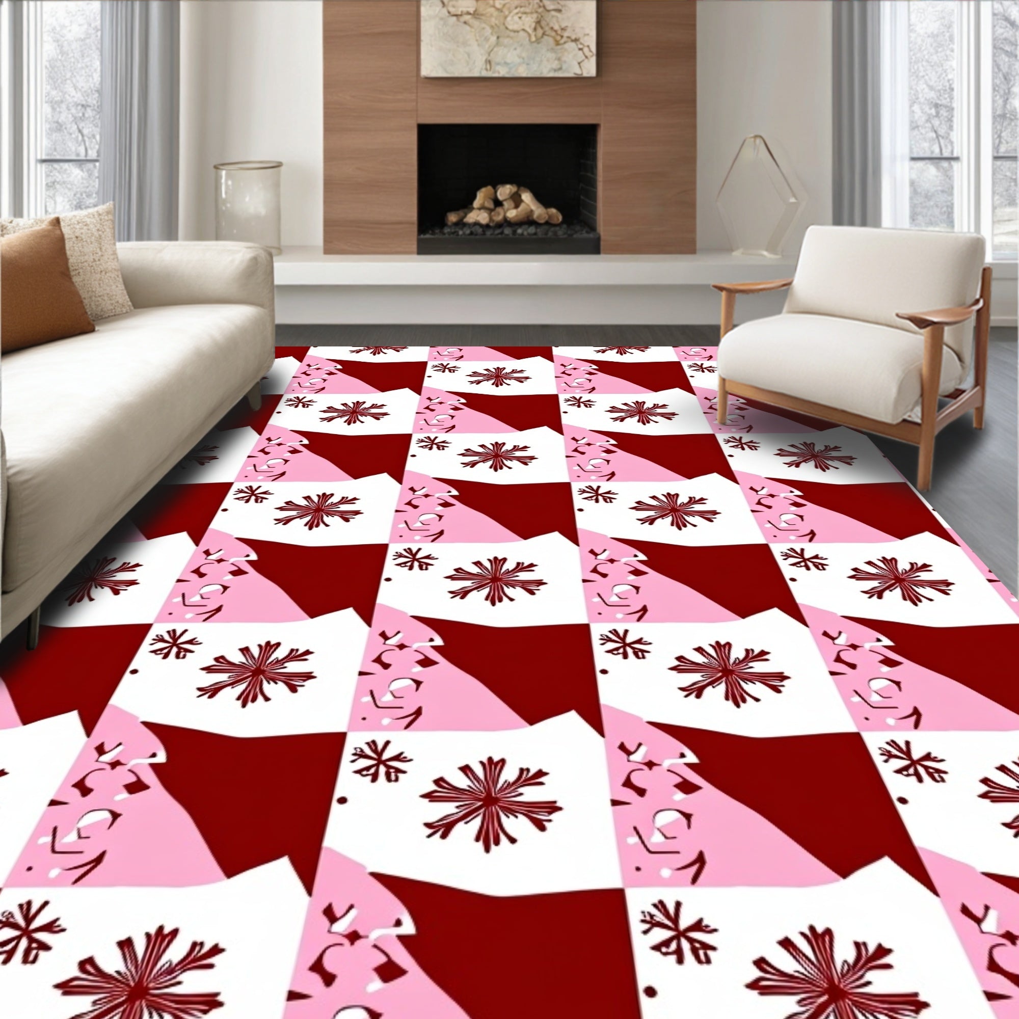 Geometric Pink Red Star Pattern Rug