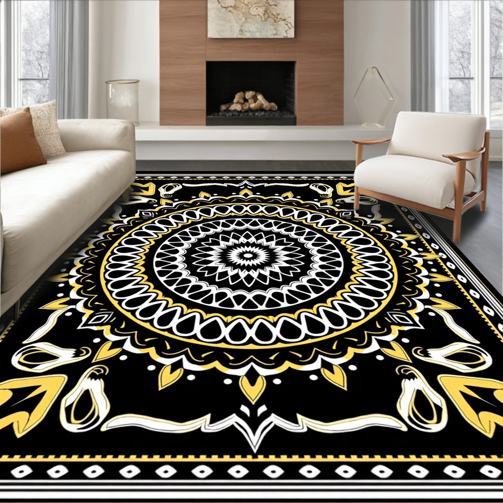 Bold Black Yellow Ornamental Mandala Rug