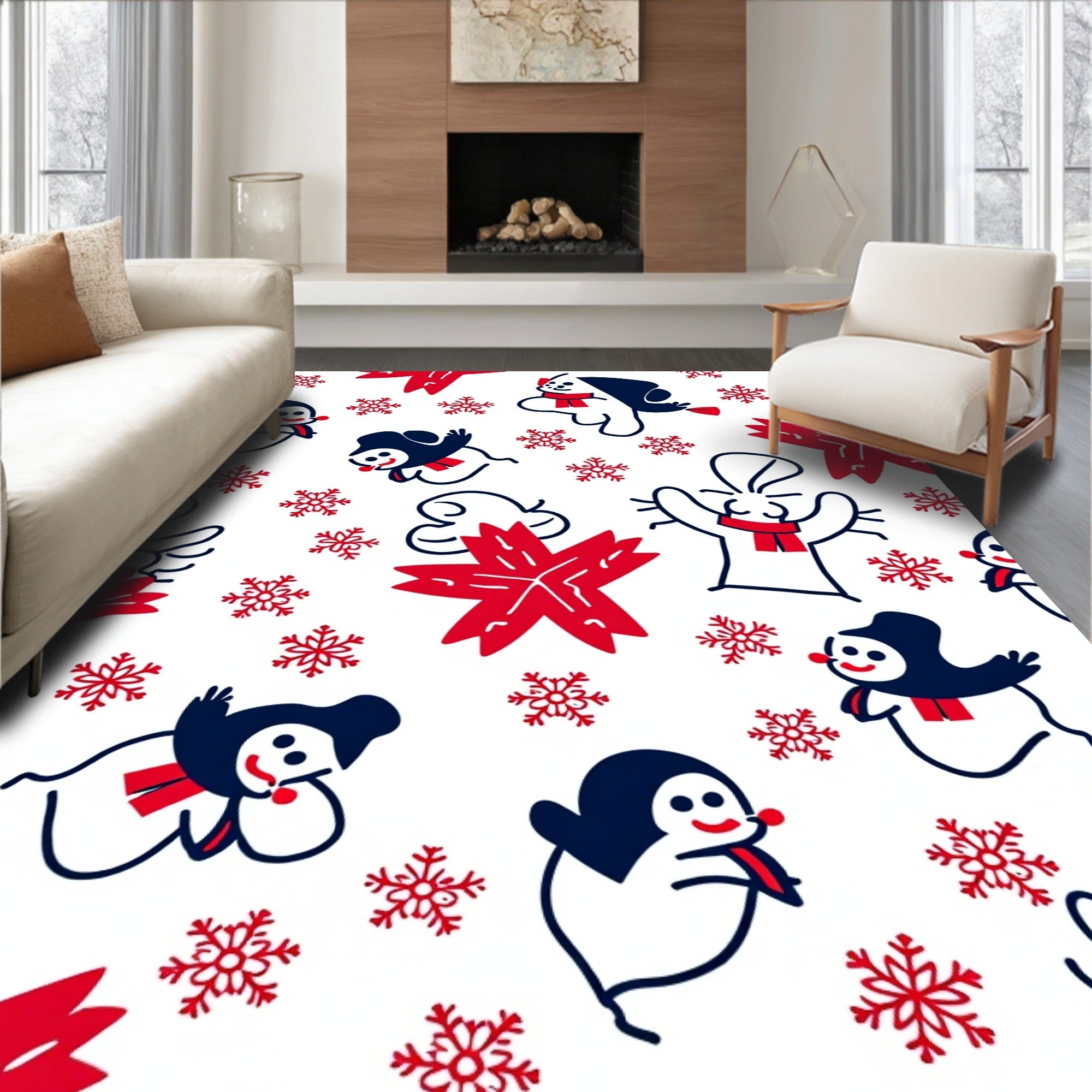 Whimsical winter animals red snowflakes Rug