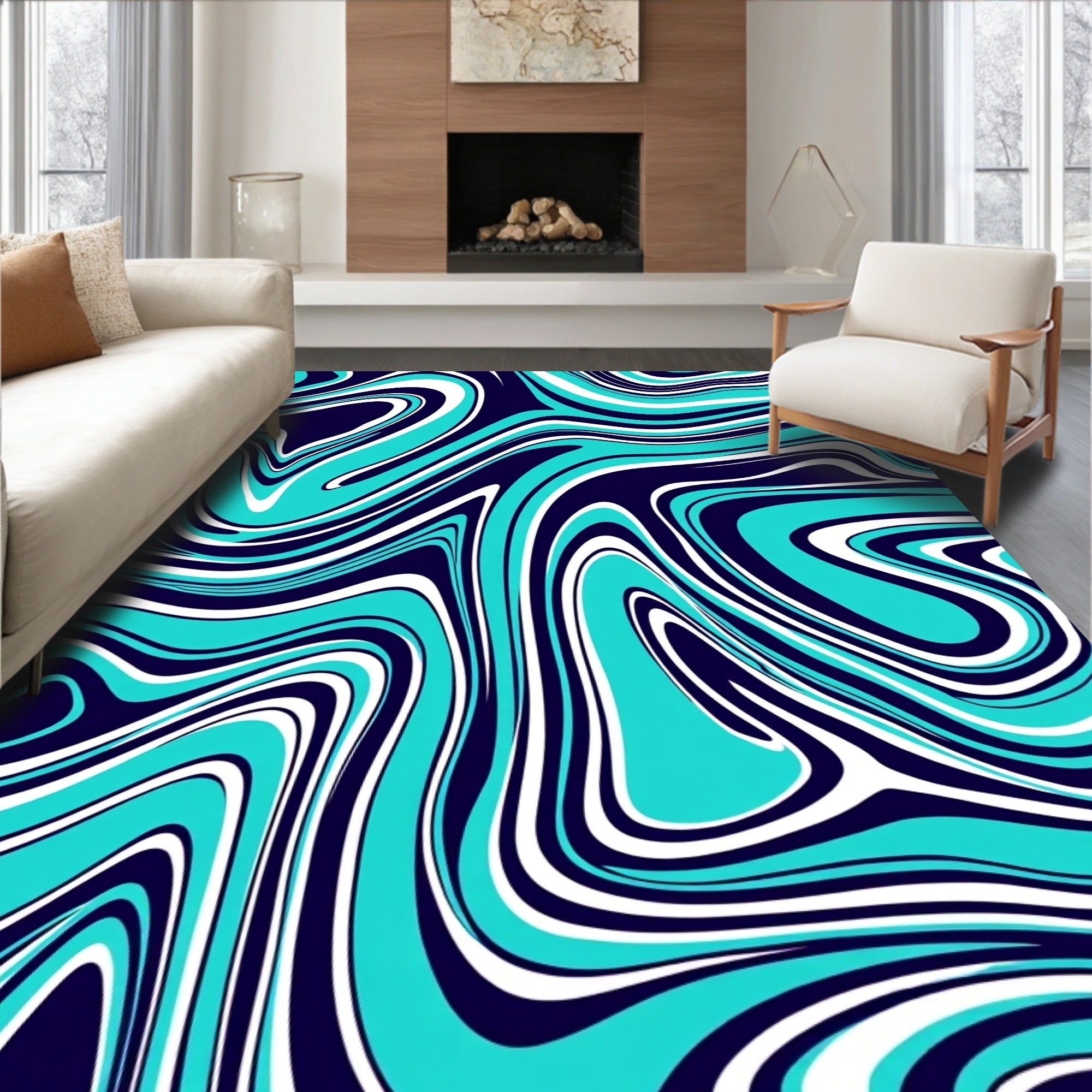 Aqua White And Navy Swirl Rug
