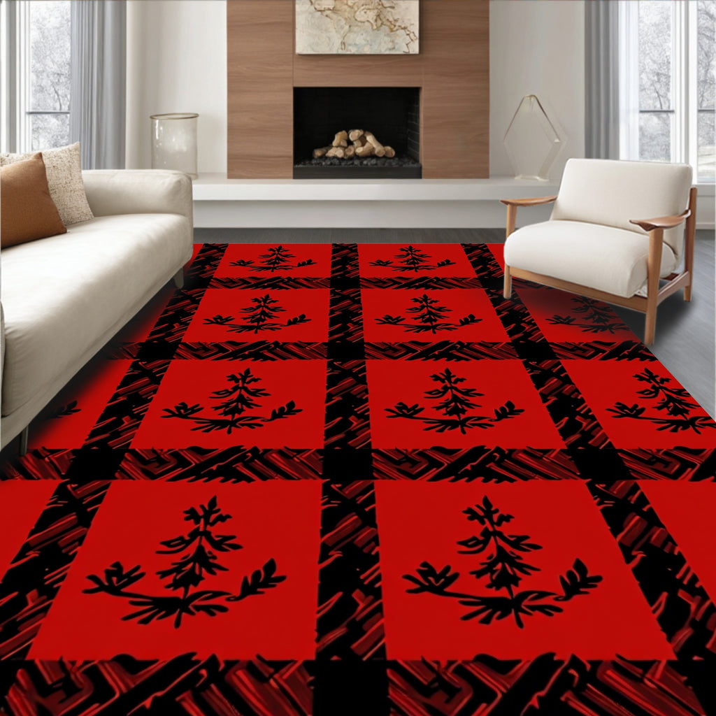 Red Black Plaid Pine Tree Pattern Rug