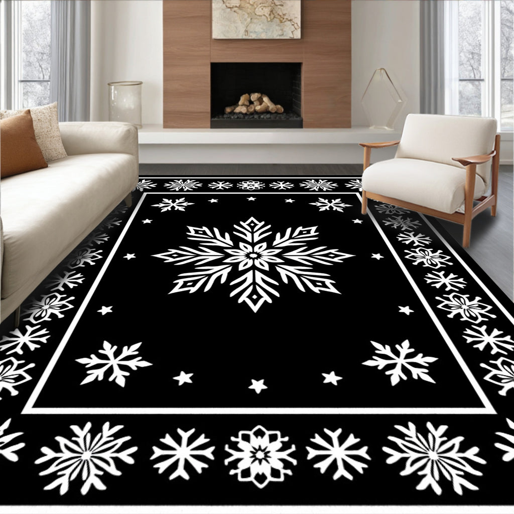 Black White Snowflake Winter Border Rug