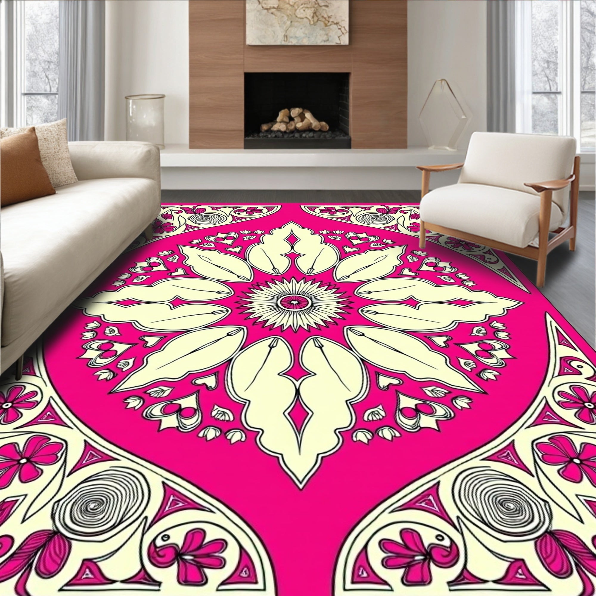 Vibrant Pink Floral Mandala Design Rug