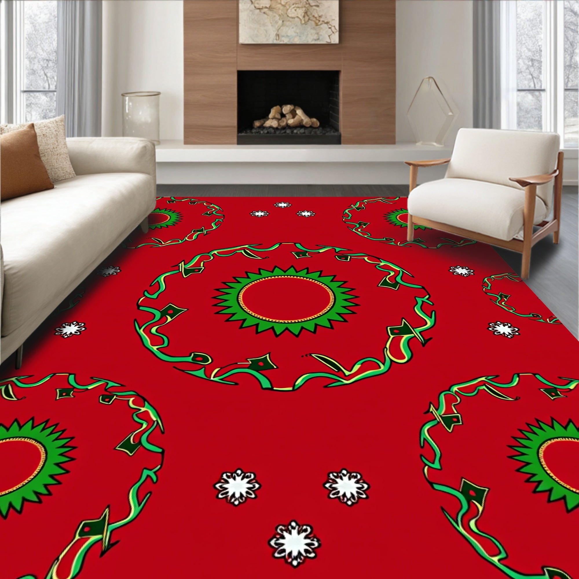 Red Floral Pattern Mandala Design Rug