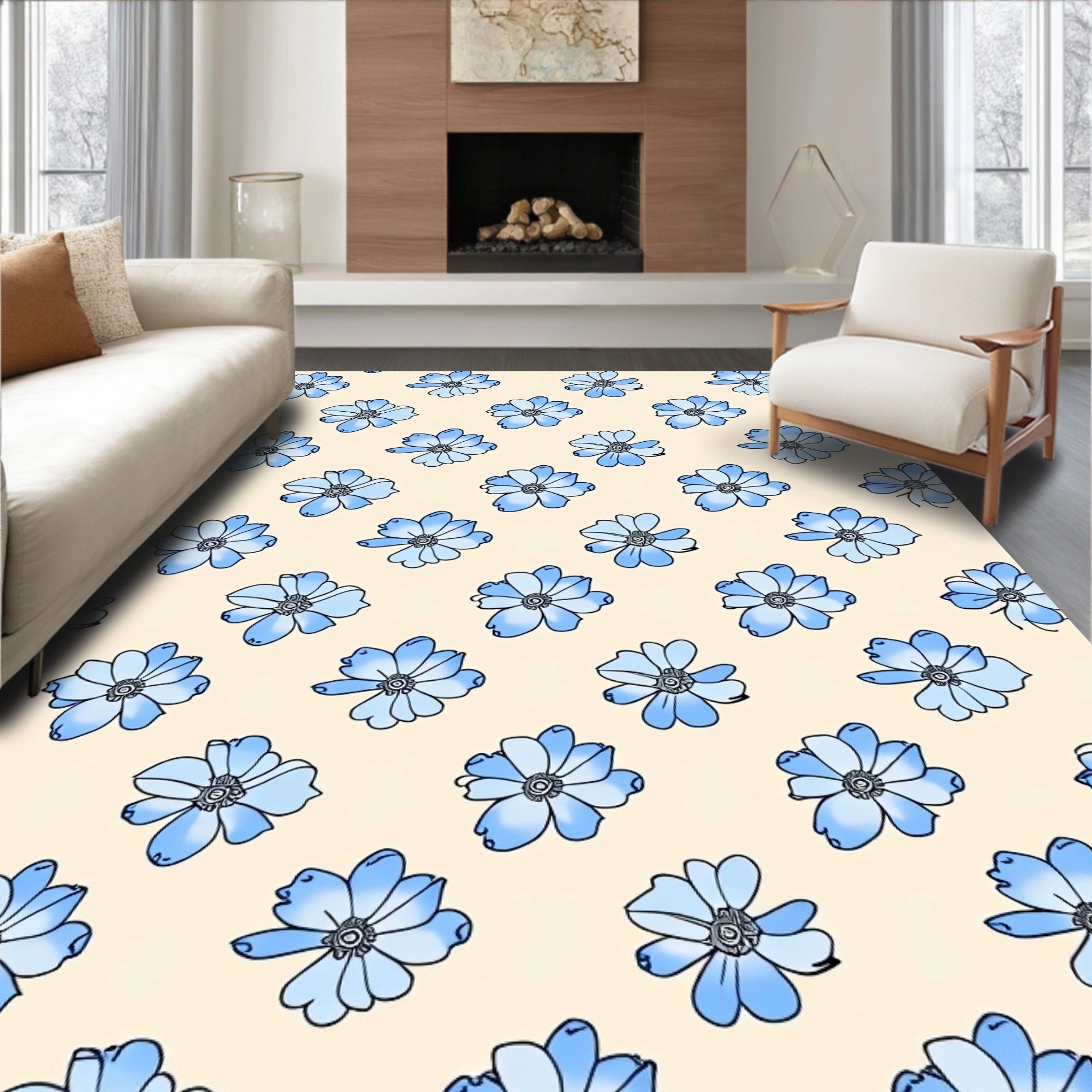 Light Blue Floral Sketch Pattern Rug