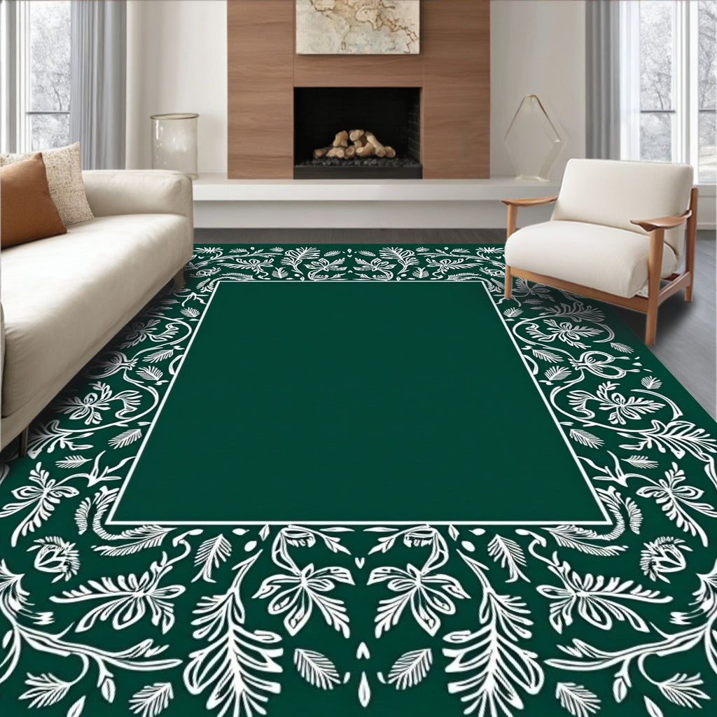 Elegant White Leaf Scroll Border Rug