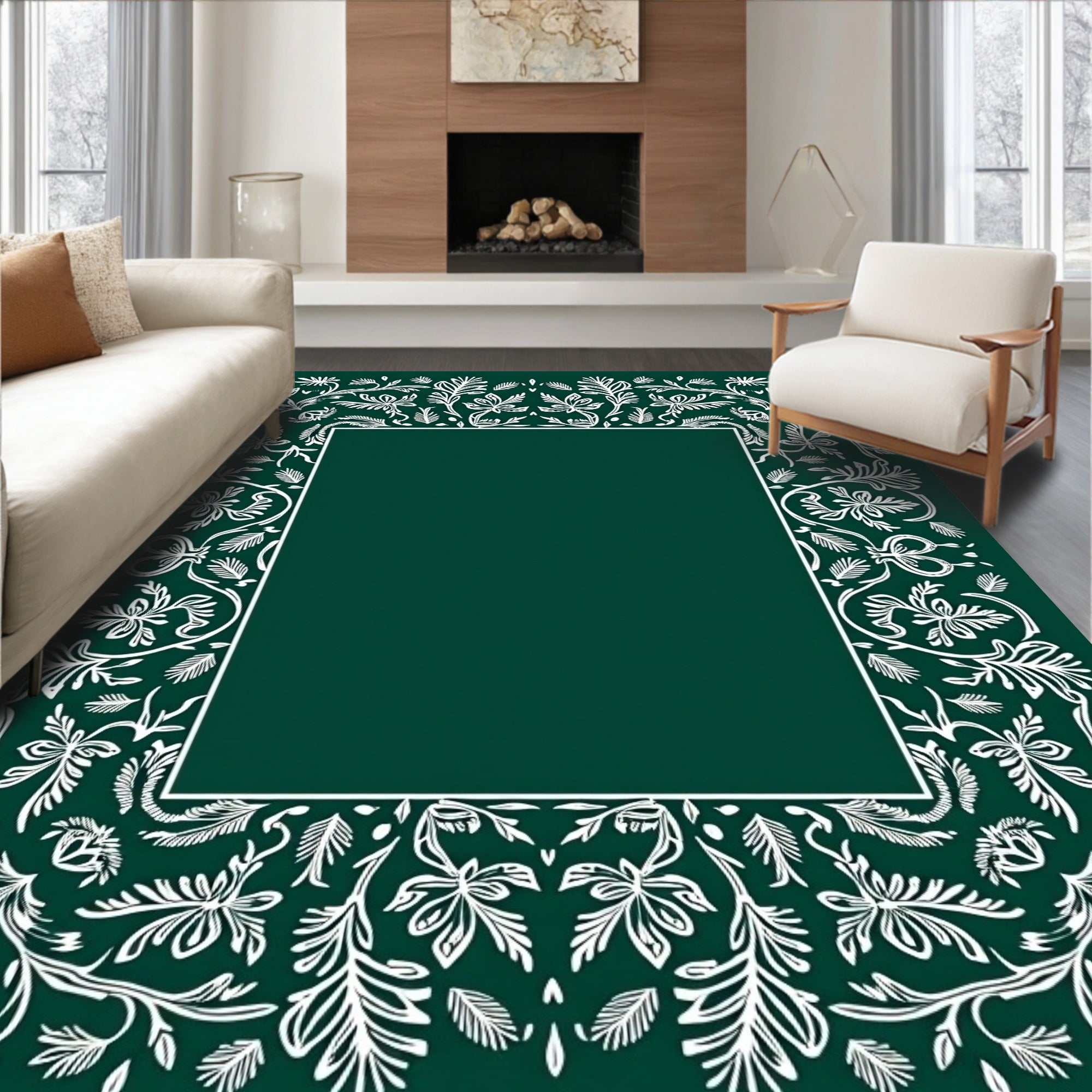 Elegant White Leaf Scroll Border Rug