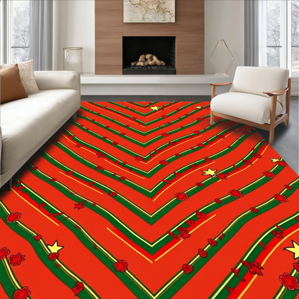 Red, Green, Yellow Chevron Floral Stars Rug