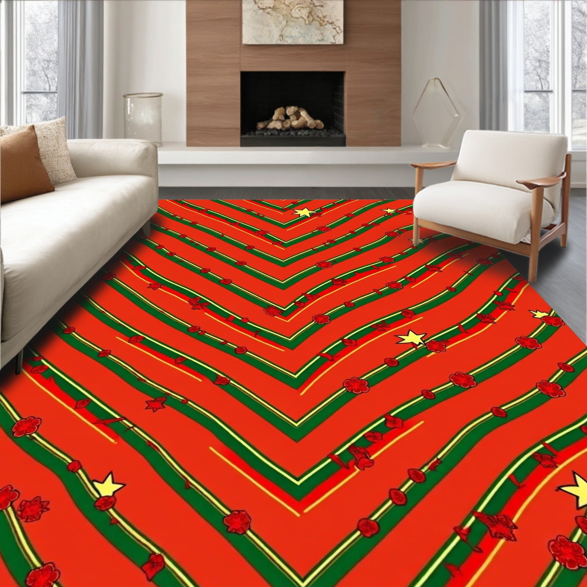Red, Green, Yellow Chevron Floral Stars Rug