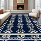 Art Deco Ivory Navy Floral Design Rug