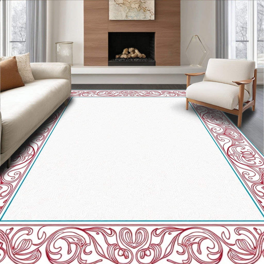 Ornate Red Blue Floral Scroll Border Rug