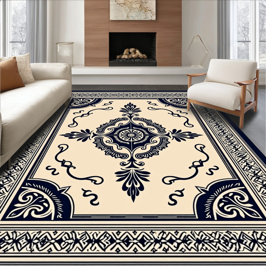 Classic Dark Blue Medallion Pattern Rug