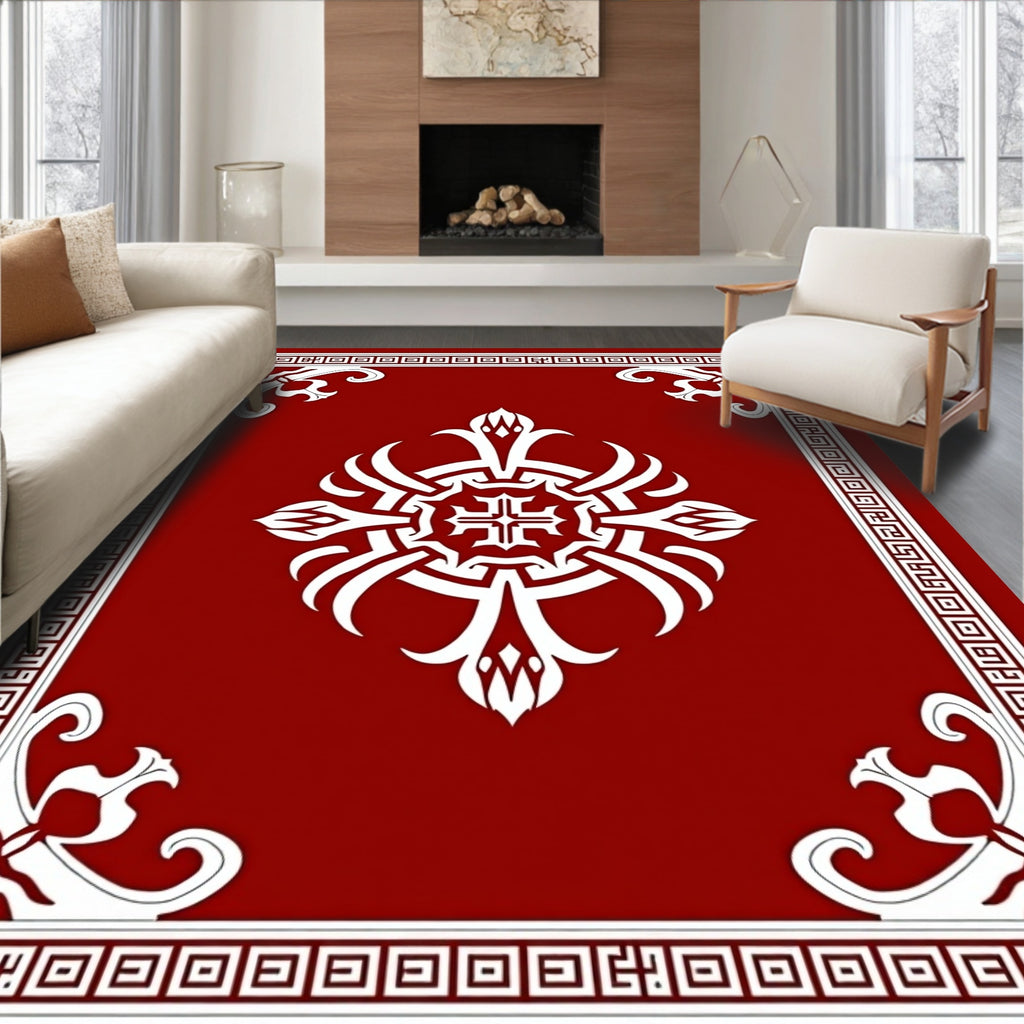 Crimson Geometric Medallion Border Rug