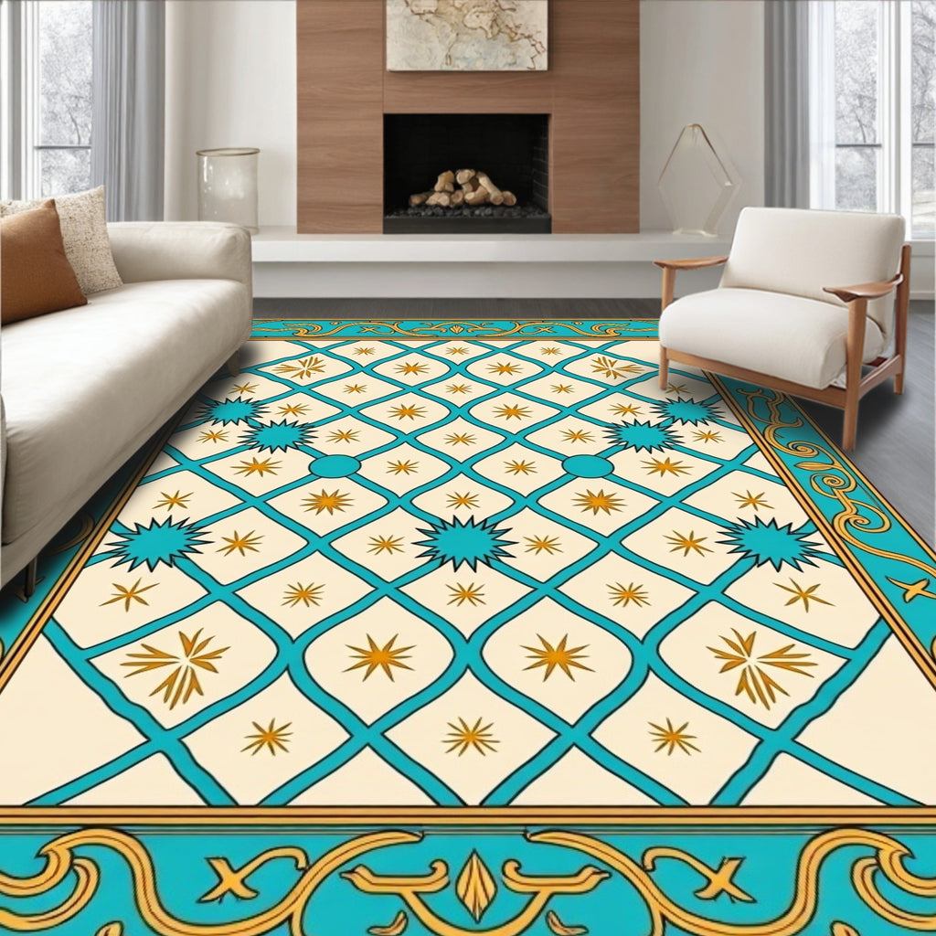 Turquoise Gold Geometric Starburst Design Rug