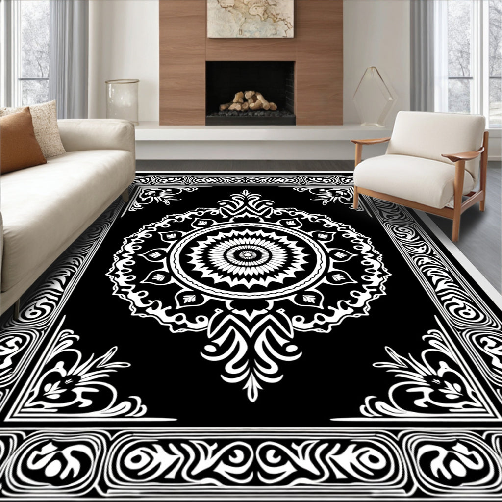 Intricate Mandala Black White Pattern Rug
