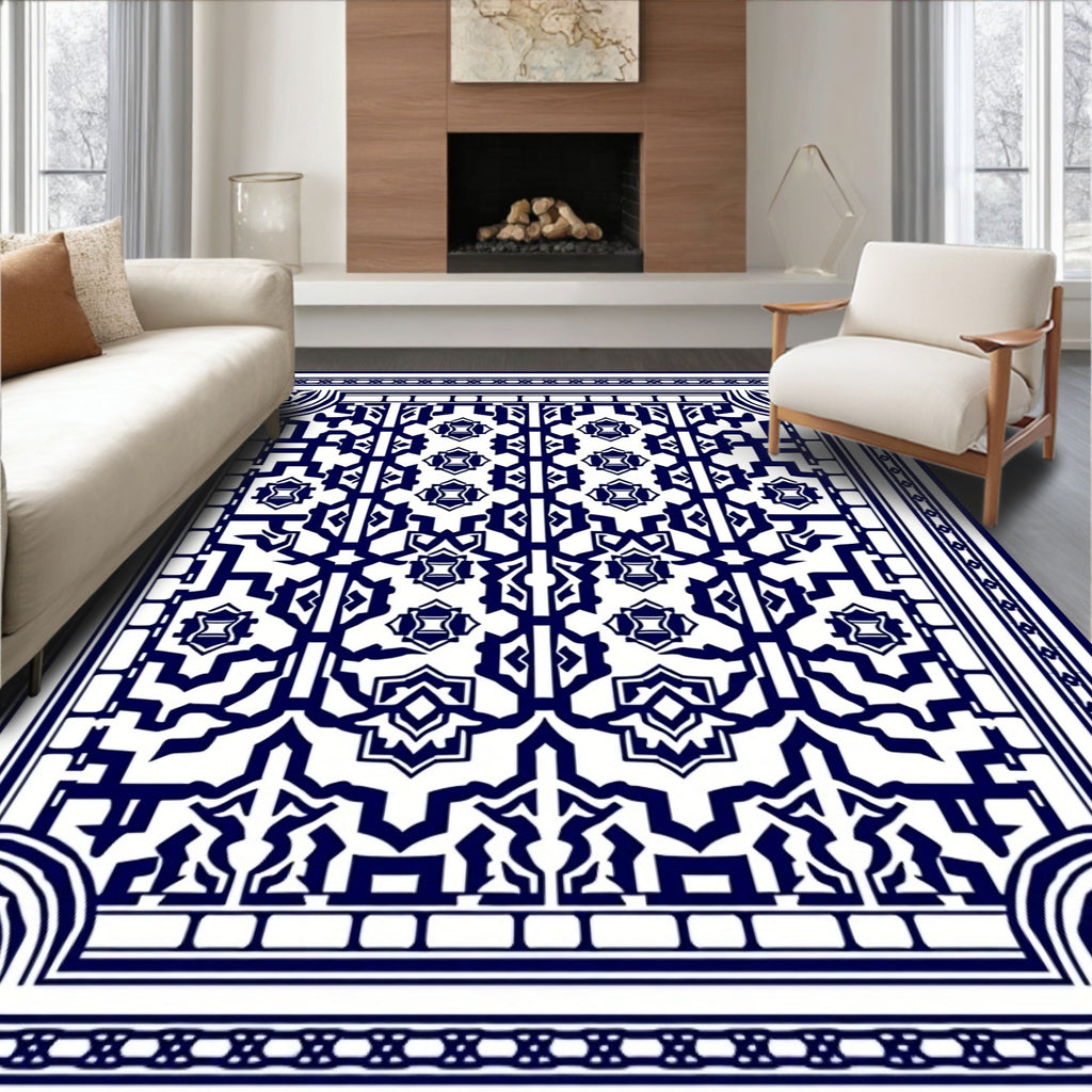 Intricate Navy White Geometric Pattern Rug