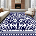 Intricate Navy White Geometric Pattern Rug